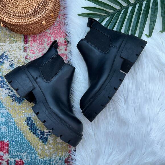 H&M Black Faux Leather Chunky Platform Ankle Boots Booties 38/7 Punk Goth - Picture 1 of 8